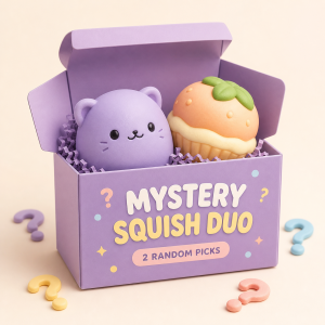 Lavender Mystery Squish Duo box with two example squishy toys